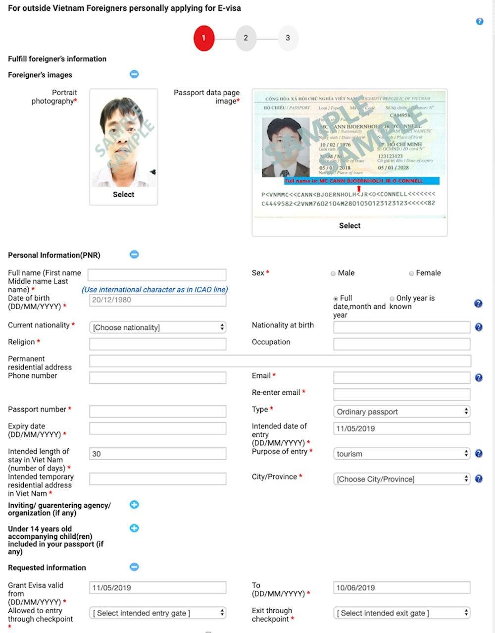 A sample of required information when applying for e-visa